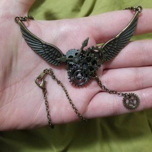 Steampunk wings and coggs necklace
